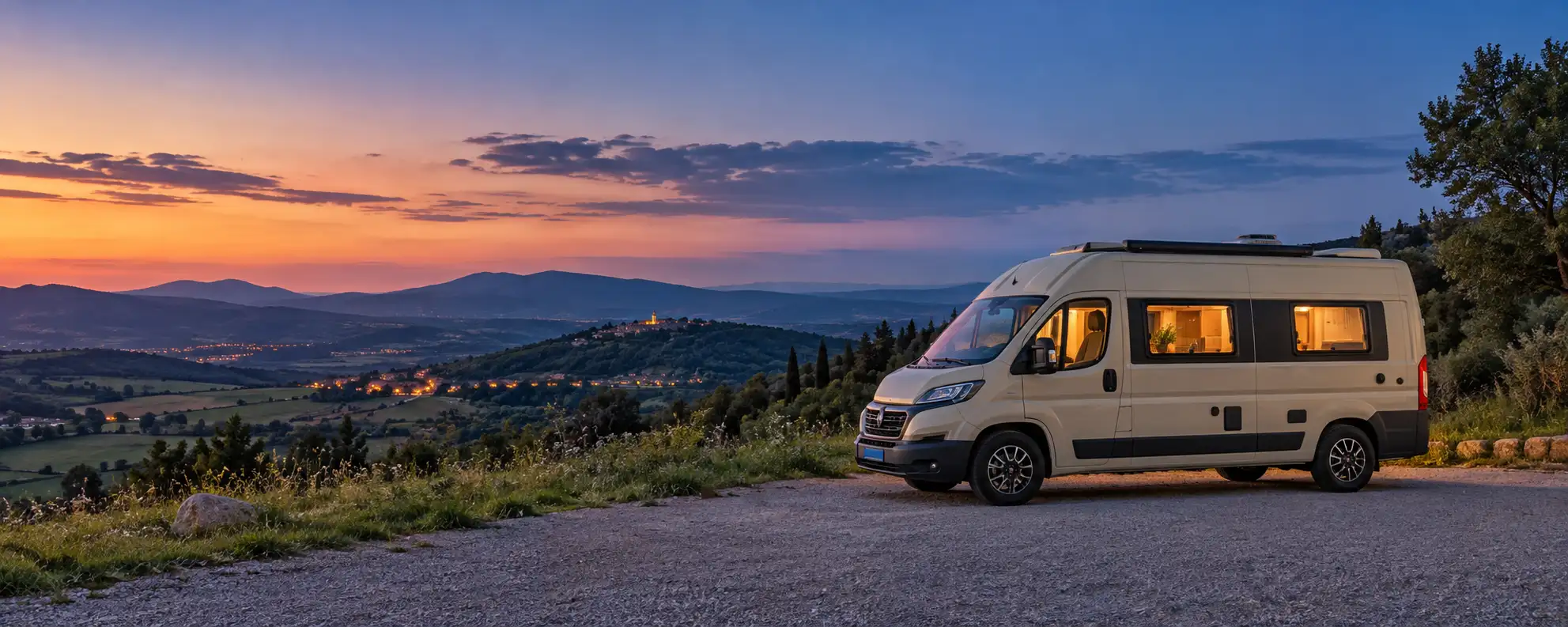 Van aménagé sur une étape en gravier au coucher du soleil, face à un paysage de collines