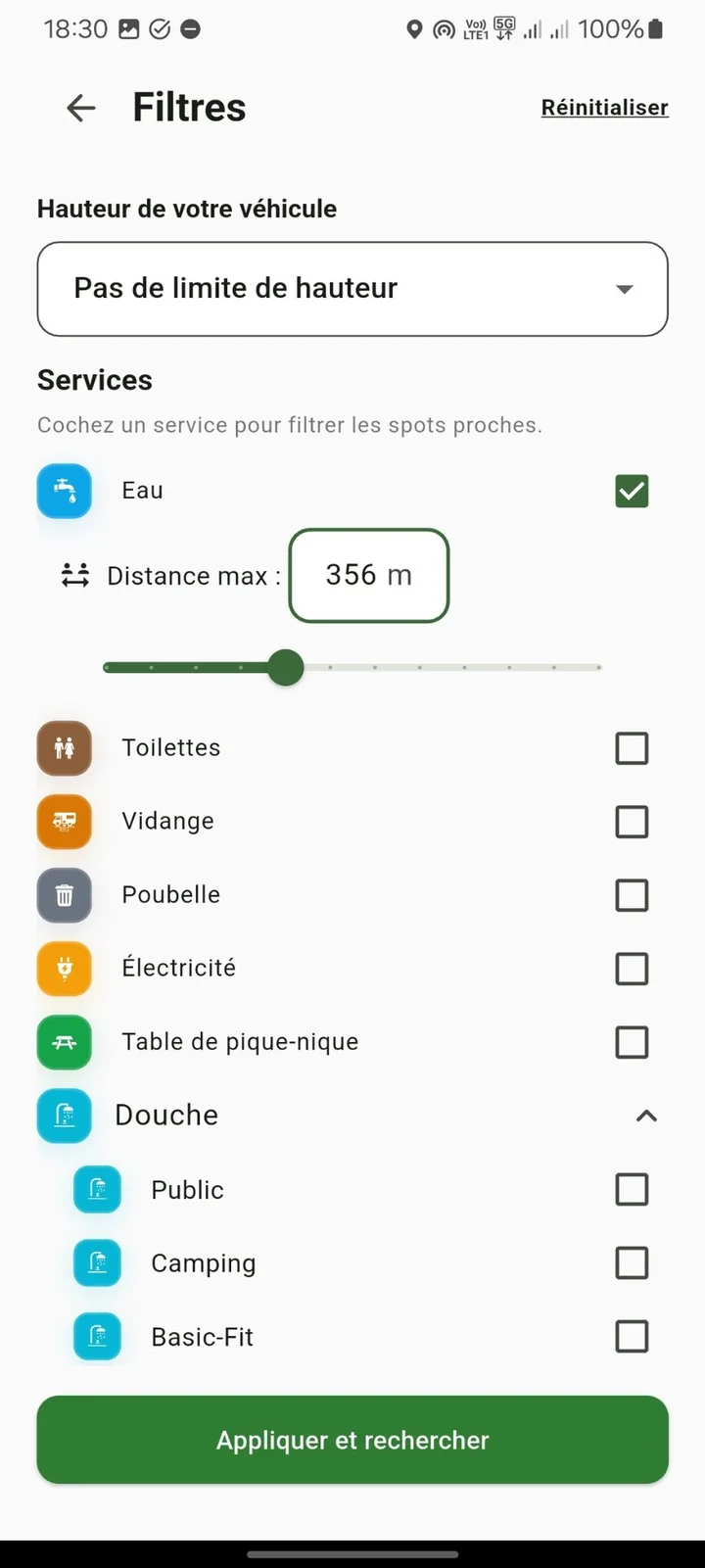 Filtres par services dans l'application VanSpot Finder