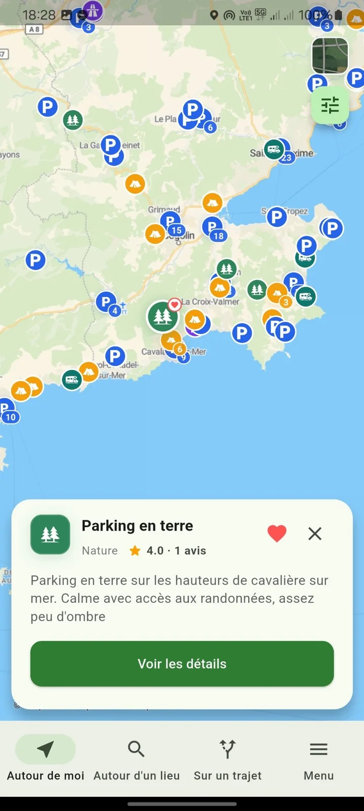 Aperçu d'un spot avec détails dans l'application VanSpot Finder